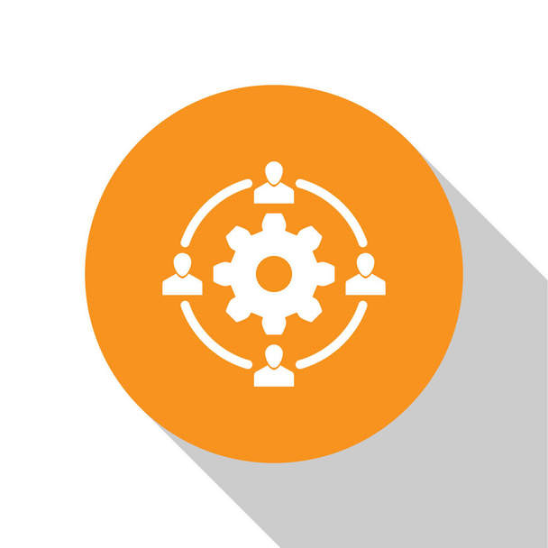 ホワイトソーシングコンセプトアイコンは、白い背景に分離されています。協力サイン。チームワークと投資のアイデア。オレンジ色の円ボタン。フラットなデザイン。ベクトルイラストレーション - ベクター画像