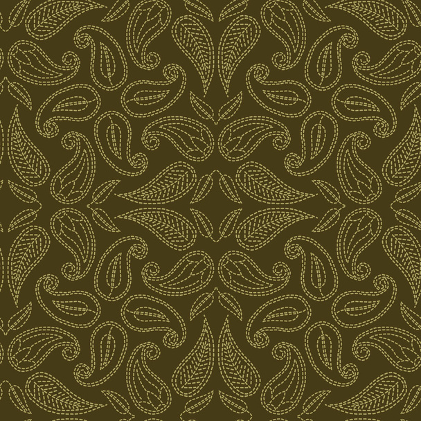 Floral leaf paisley motif running stitch style. Victorian needlework seamless vector pattern. Hand stitched boteh foulard textiles print. Old green antique handicraft decor. Embroidery quilt template. - Vector, Image