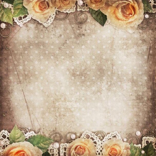 Vintage beautiful background with   roses, lace, pearls - Фото, зображення
