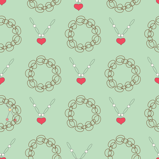 Pulseras negras y cadena con colgante corazón rojo patrón sin costuras sobre fondo verde
. - Vector, imagen