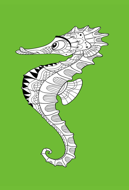 Black and white cartoon seahorse for coloring with separate texture and separate background. This vector fish has a modern humor design. You can easily edit the colors. Great for coloring and stress relief. - Vector, Image