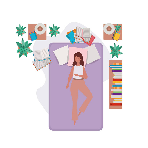 Молодая женщина в постели со спящей позой
 - Вектор,изображение