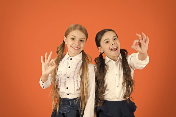 All right. Cute schoolgirls gesturing ok. Back to school fashion style. School children with a fashion forward look. Little girls wearing school uniform. Small girls in pigtails dressed for school - Photo, image