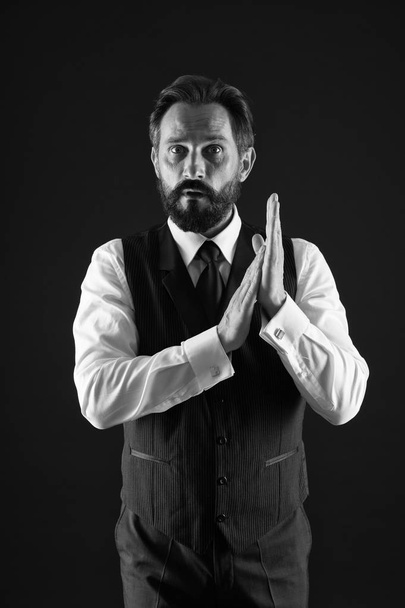 How to dress for your age. Elegancy and male style. Classy style. Man bearded guy wear white shirt and classic vest outfit. Formal outfit. Elegant outfit mature man. Take good care of your silhouette - 写真・画像