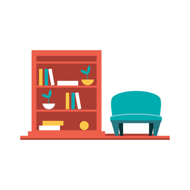 Plank met boeken en blauwe stoel ontwerp - Vector, afbeelding