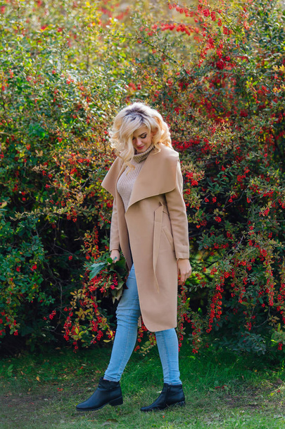 Belle femme élégante debout à côté de l'épine-vinette dans le parc d'automne
 - Photo, image