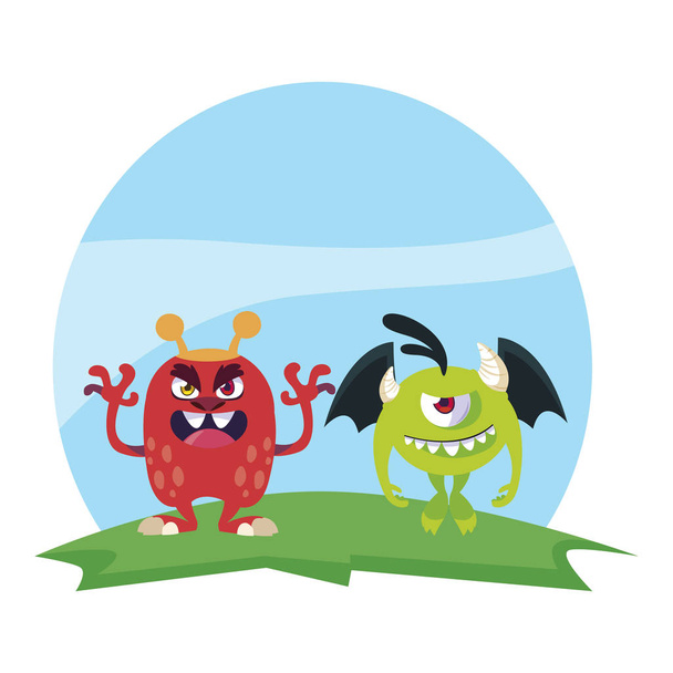 Lustige Monster Paar im Feld Charaktere bunt - Vektor, Bild