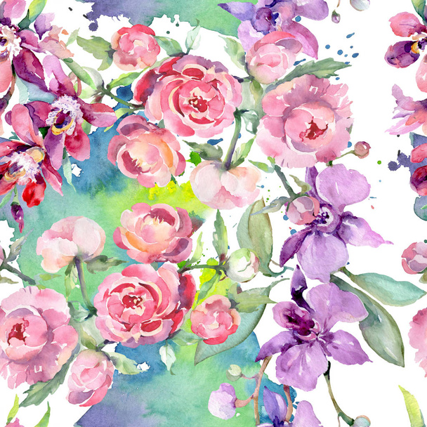 Bouquet with peony floral botanical flowers. Watercolor background illustration set. Seamless background pattern. - Foto, Imagem