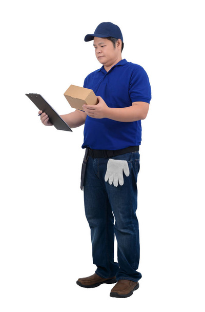 ásia entrega homem trabalhando no azul camisa com cintura saco para equi
 - Foto, Imagem