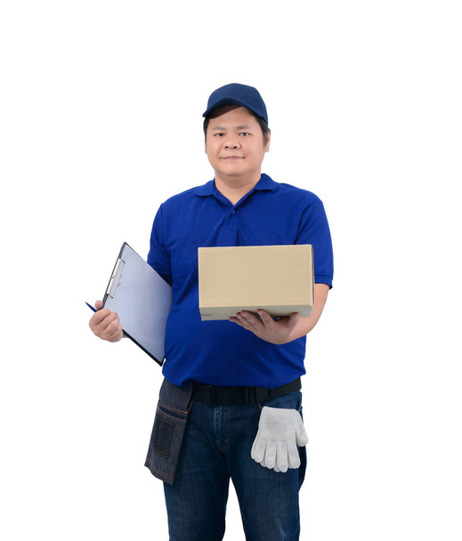 asian delivery man working in blue shirt with Waist bag for equi - Φωτογραφία, εικόνα