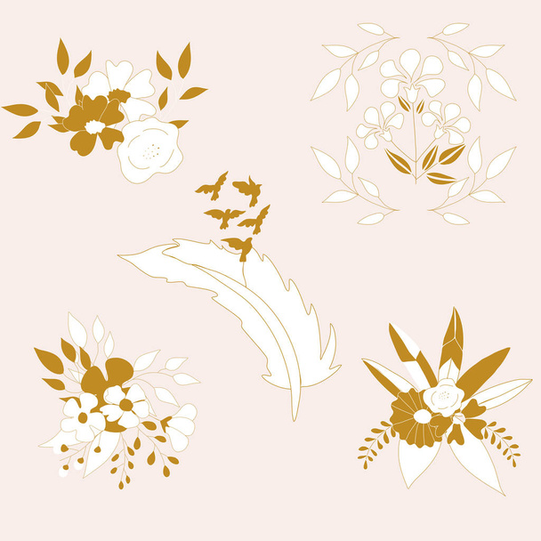 Golden flowers and feathers, vector illustration - Vector, Image