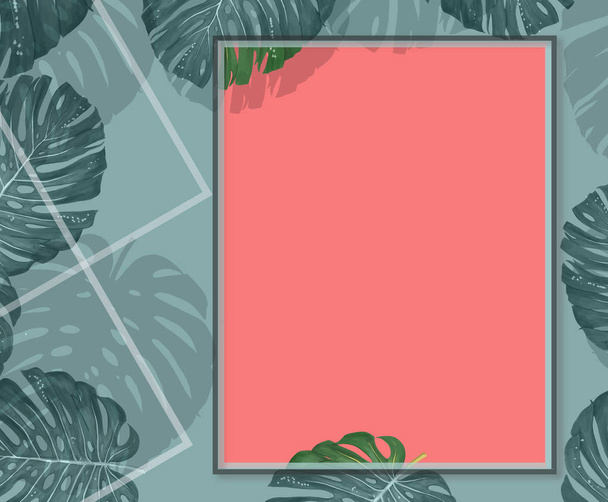 Tropical palm leaves frame on coral backdrop. Summer tropical leaf. Exotic hawaiian jungle, summertime background. Pastel monochrome art colorful minimal style, White frame square. Banner for text - 写真・画像