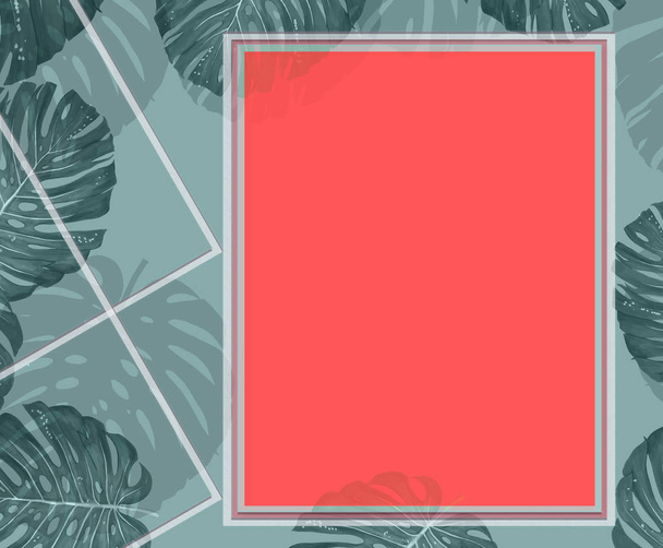 Tropical palm leaves frame on coral backdrop. Summer tropical leaf. Exotic hawaiian jungle, summertime background. Pastel monochrome art colorful minimal style, White frame square. Banner for text - Фото, зображення