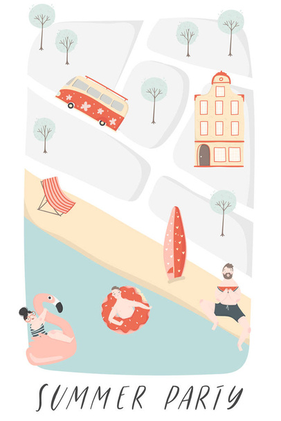 Δημιουργική αφίσα καλοκαιρινών διακοπών με ανθρώπους καρτούν να χαλαρώνουν την καλοκαιρινή παραλία και τον χάρτη της πόλης  - Διάνυσμα, εικόνα