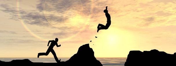 Koncepció, vagy fogalmi 3d illusztráció fiatal férfi vagy üzletember silhouette ugrás boldog szikláról több mint szakadék víz naplemente vagy napfelkelte ég háttér banner - Fotó, kép