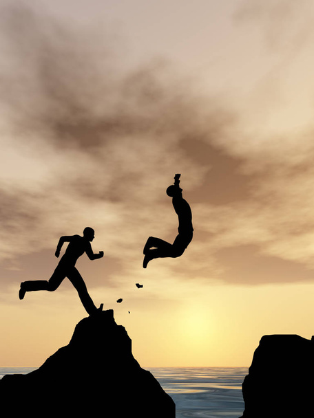 Концепция или концептуальная трехмерная иллюстрация молодой человек или бизнесмен силуэт прыгать счастливым от скалы через разрыв в воде закат или восход солнца фон
 - Фото, изображение