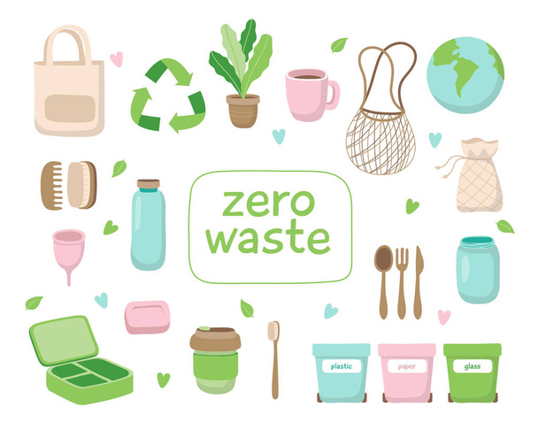 Illustrazione del concetto di zero rifiuti con diversi elementi. Stile di vita sostenibile, concetto ecologico. - Vettoriali, immagini