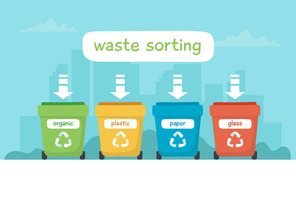 Jätteiden lajittelu kuvitus eri värikkäitä roskakorit kirjoituksella, kierrätys, kestävyys
. - Vektori, kuva