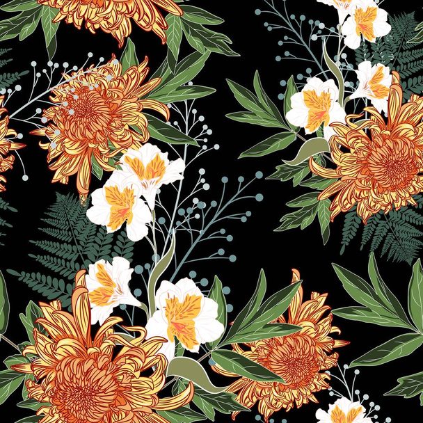 Naadloos patroon. Prachtige oranje bloeiende bloemen. Vintage zwarte achtergrond. Lelies, chrysanten en wilde bloemen. Behang of afdrukken voor textiel. Tekening graveren. - Vector, afbeelding