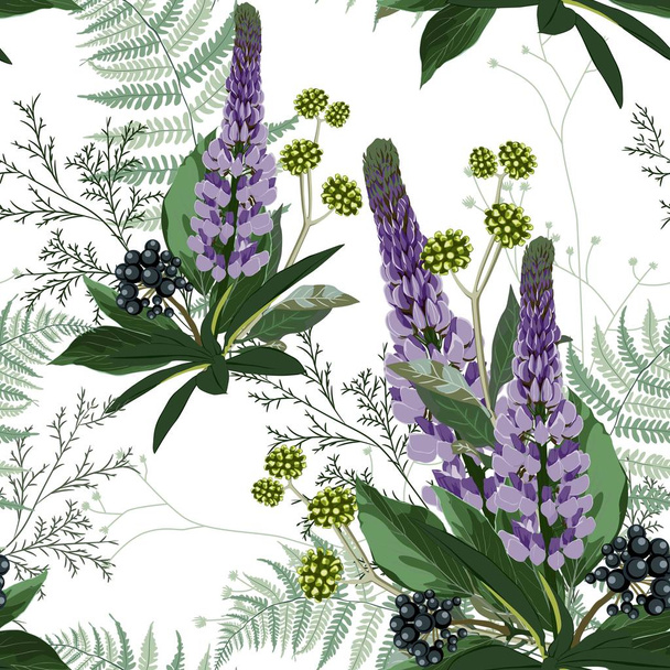 Summer spring seamless pattern with violet lupines paradise flowers, fern and herbs. Trendy bunch exotic wallpaper on white background. - Vector, Image