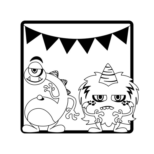 monochrome frame with monsters and garlands hanging - Vector, Image