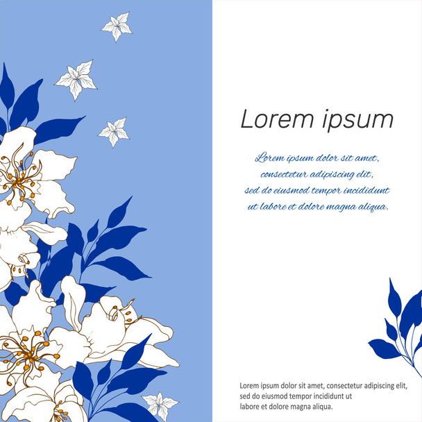 Plantilla vectorial para texto con patrón floral. Flores blancas sobre fondo azul. Para presentación, carteles, conceptos
 - Vector, Imagen