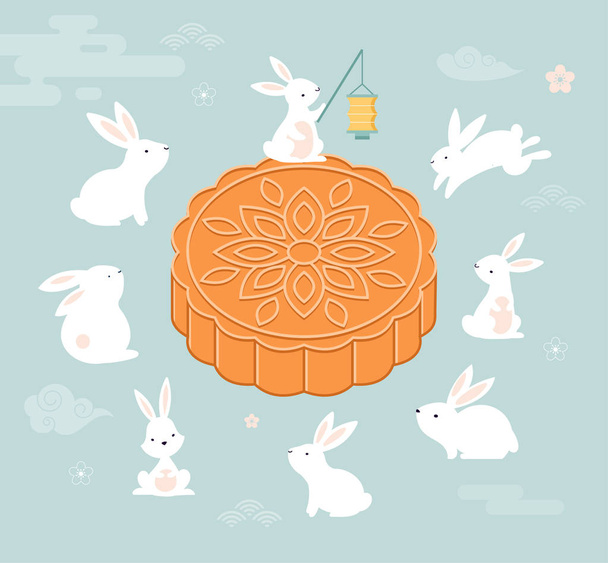 Festival do Outono Médio. Chuseok, tradução de redação chinesa Mid Autumn. Banner vetorial, fundo e cartaz com mooncake, coelhos e ilustração de lua cheia
 - Vetor, Imagem
