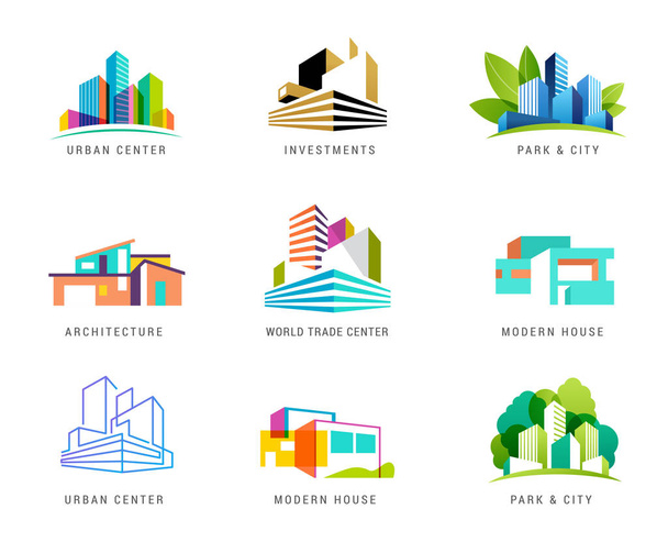 不動産のロゴ、建物の開発、ロゴ、アイコン、要素のセット - ベクター画像