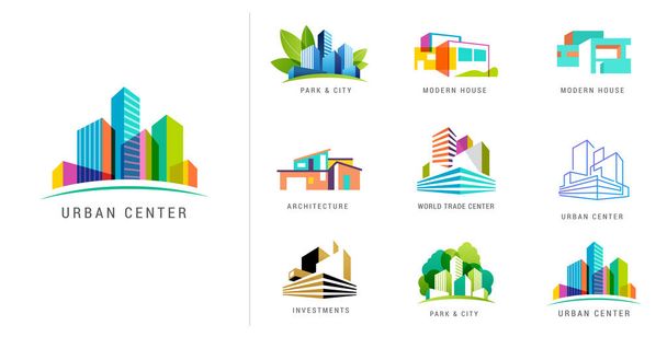 Λογότυπο ακινήτων, ανάπτυξη κτιρίων, σετ λογοτύπων, εικονιδίων και στοιχείων - Διάνυσμα, εικόνα