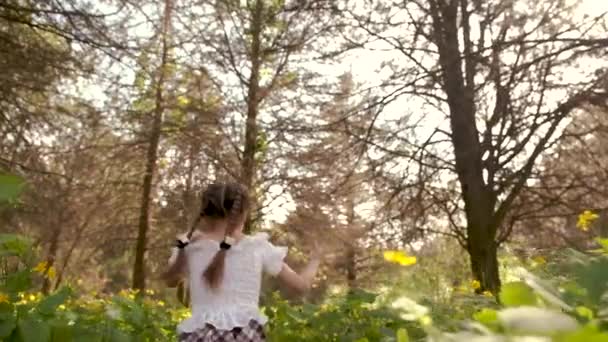 Una chica solitaria corre entre la hierba alta y las flores en el bosque. Vista de ángulo inferior desde la parte posterior
. - Imágenes, Vídeo
