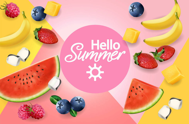 Summer fruits abstract pattern Vector realistic. 3d detailed textures. Banana, watermelon and berries decor - Vektor, kép