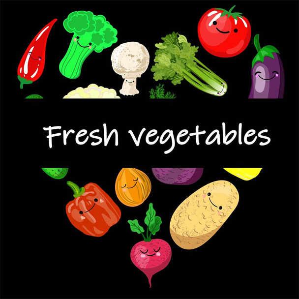 Värikäs sarjakuva vihanneksia kuvakkeet pyöreä eristetty valkoinen. Vektori kuva tuoreita orgaanisia vihannesten banneri käytetään lehden, kirja, juliste, kortti, valikon kansi, web-sivuja
 - Vektori, kuva