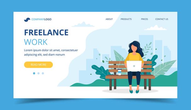 Freelance work page template. Woman working with laptop in the park. Illustration for freelancing, remote work. - Vector, Image