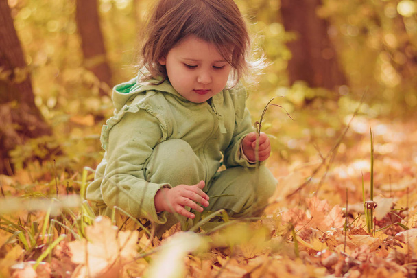 Ένα παιδί σε μια φόρμα κάθεται και παίζει χαρούμενα με κίτρινα φύλλα στο δάσος, ανοιχτό αέρα, ημέρα, πορτρέτο - Φωτογραφία, εικόνα