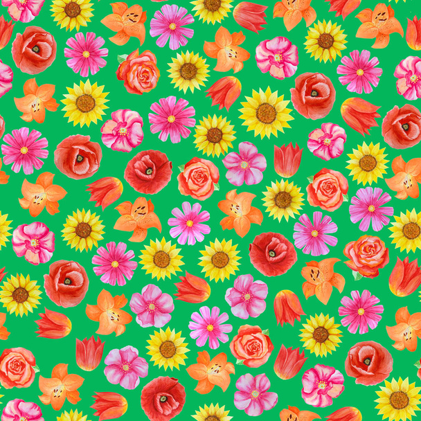 Seamless floral pattern on green background. Different bright flowers. - Photo, Image