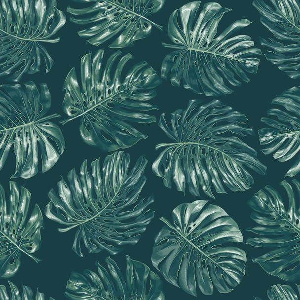 Бесшовный узор с листьями монстров в реалистичном стиле и с высокими деталями
 - Вектор,изображение