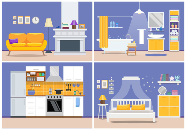 Aranyos modern lakás belső-nappali, konyha, fürdőszoba, hálószoba, ház design. Vektoros illusztráció, lapos stílusban, lila, sárga. - Vektor, kép