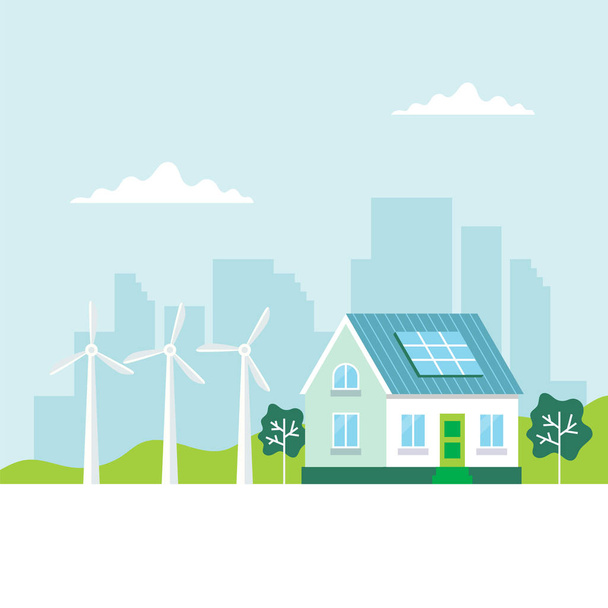 grüne Energie Illustration mit einem Haus, Sonnenkollektoren, Windrädern, Stadthintergrund, Kopierraum. Konzeptillustration für Ökologie, Ökostrom, Windenergie, Nachhaltigkeit - Vektor, Bild