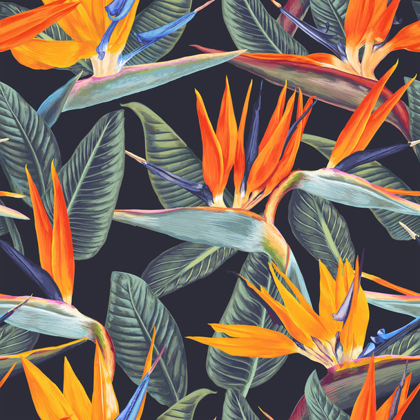 Бесшовный рисунок с тропическими цветами и листьями Стрелици Reginae на темном фоне
.  - Вектор,изображение