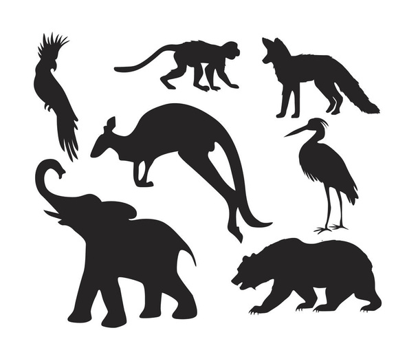 Африканських тварин силуети безліч. Жираф, Слон, антилопа, Бегемот, носоріг, верблюд, страус, Крокодил, Фламінго, какаду, Бабуїн, горила, Лев. Векторна ілюстрація - Вектор, зображення