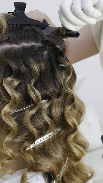 Hairdresser hands curling hair with silver clips in the salon.  - Photo, Image