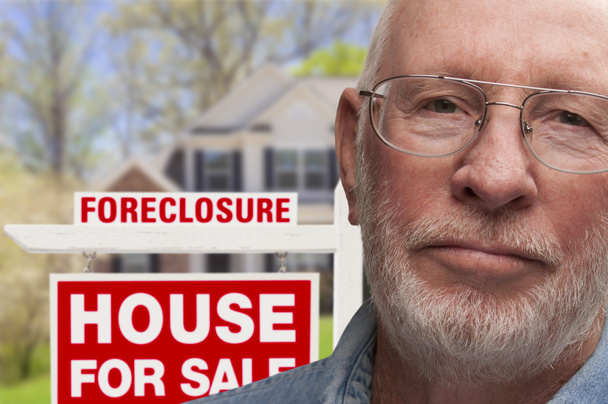 Depressed Senior Man in Front of Foreclosure Sign and House - Photo, Image