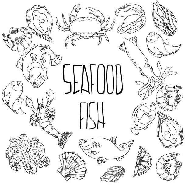 Set of hand drawn seafood, Healthy food drawings set elements for menu design. Vector illustration - Vektor, Bild