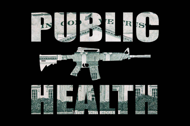 Letras de crise de saúde pública com metralhadora, dinheiro em fundo preto
 - Foto, Imagem