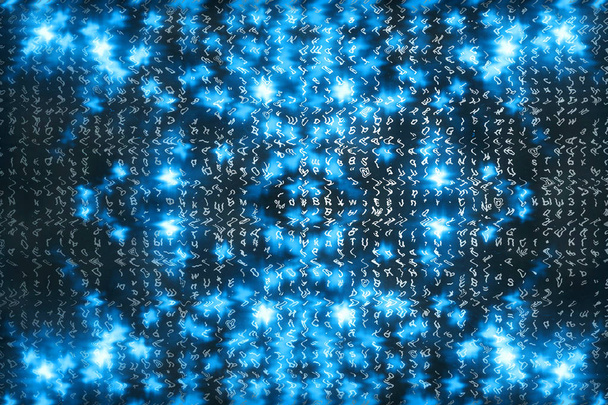 Sininen matriisi digitaalinen tausta. Abstrakti kyberavaruuden käsite. Hahmot kaatuvat. Matrix symboleista stream. Virtuaalitodellisuuden suunnittelu. Monimutkainen algoritmi tietojen hakkerointi. Syaani digitaalinen kipinöitä
. - Valokuva, kuva