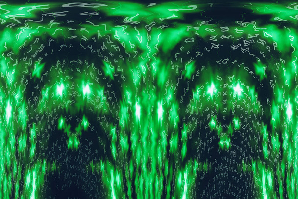 Green blue matrix digital background. Distorted cyberspace concept. Characters fall down. Matrix from symbols stream. Virtual reality design. Complex algorithm data hacking. Green digital sparks. - Photo, Image