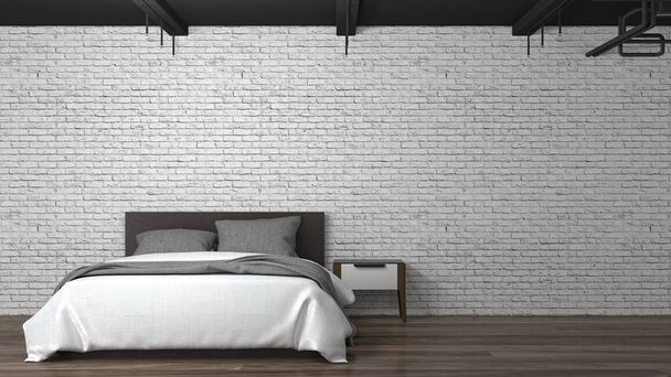 Witte slaapkamer, bed, kast, lege interieur achtergrond 3D illustratie Home ontwerpt witte bakstenen muur loft stijl - Foto, afbeelding