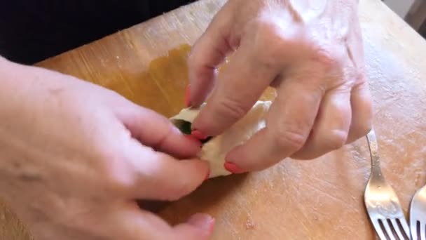 Vegan, vegetarian,simple food, hotcakes, a woman prepares simple food, pies with sorrel - Filmagem, Vídeo