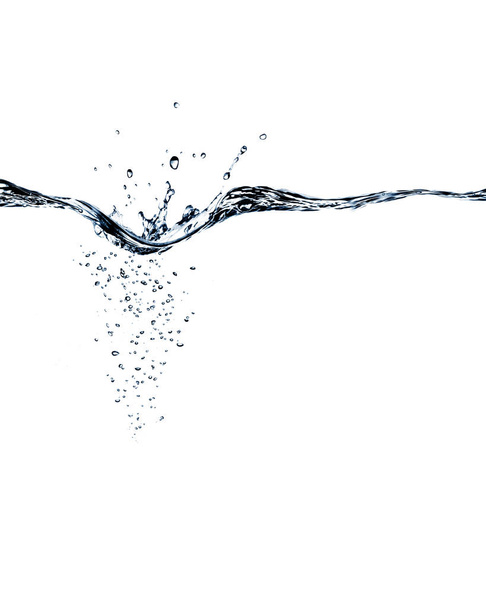 Czysta niebieska woda Splash z kroplami i bąbelkami na białym - Zdjęcie, obraz