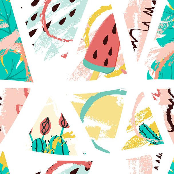 Watermelon ice cream and cactus summer seamless triangles pattern. - Vector, imagen
